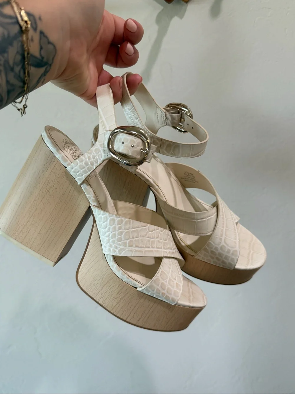 Vince Camuto Ivory Croc-Embossed Platform Sandals with Silver Buckle